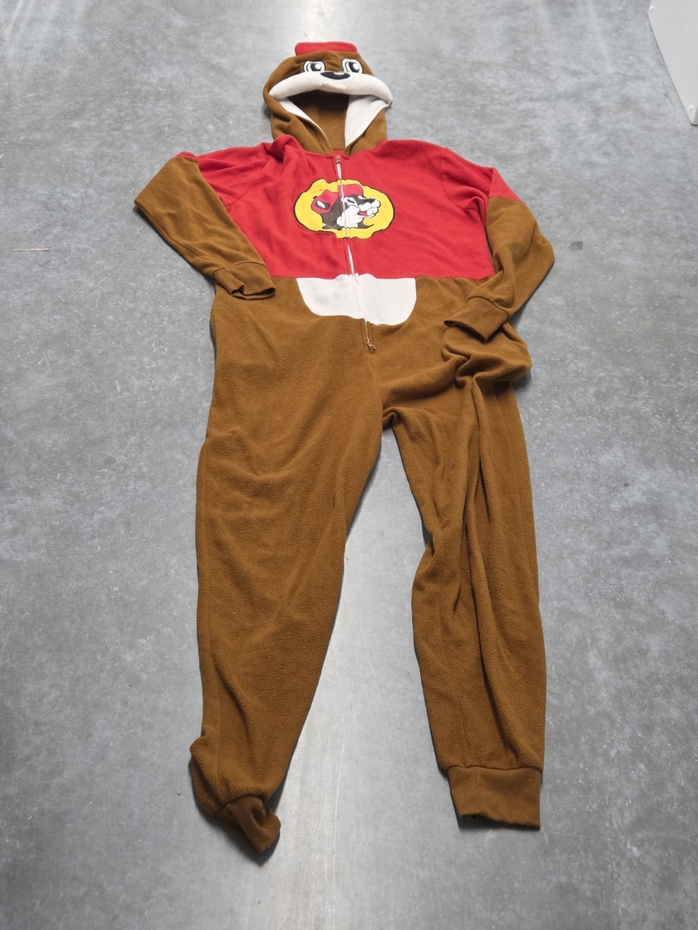 Men's Buc-ee's Character One-Piece Footie in Brown and Red Size S/M